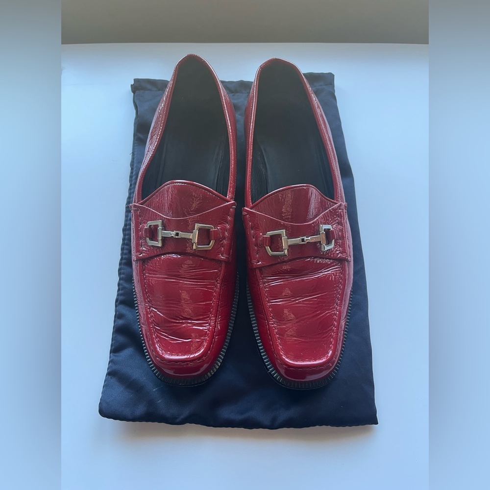 Gucci Red Patent Leather Horsebit Loafers